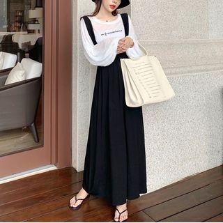 Lettering Long-sleeve Loose-fit T-shirt / Plain Jumper Skirt