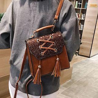 Sequined Lace-up Faux Leather Backpack