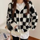 Checkered V-neck Cardigan Check - Black & White - One Size