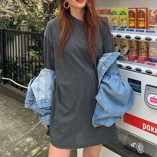 Plain Oversized Slit Elbow Sleeve T-shirt Gray - One Size