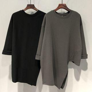 Long-sleeve Plain Asymmetric Loose Fit T-shirt