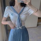 Short-sleeve Tie-neck Cropped T-shirt / Pleated Mini A-line Skirt