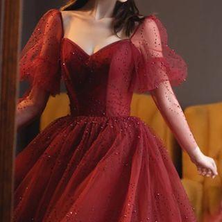 Puff-sleeve Open-back Mesh A-line Evening Gown