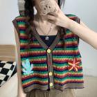 Striped Embroidered Button-up Knit Vest