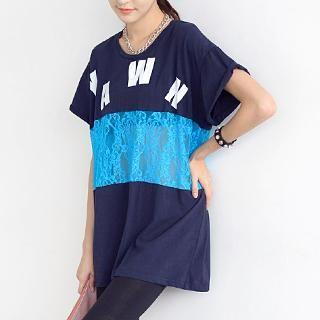 Lace Panel Print T-shirt Random Color - One Size
