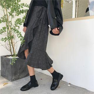 Plaid Tie-waist Ruffled Straight-fit Skirt