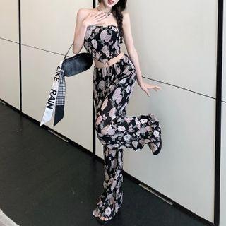 Floral Asymmetrical Tube Top / Floral Wide-leg Pants