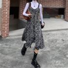 Long-sleeve Plain T-shirt / Leopard Print Midi Overall Dress