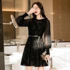 Belted Long-sleeve Fringed A-line Dress