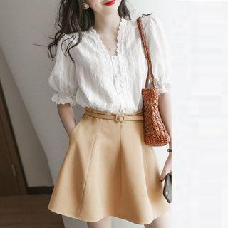 Set: Puff Sleeve V-neck Lace Blouse + Plain A-line Skirt