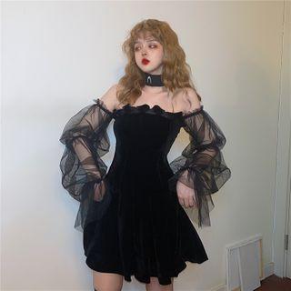 Long-sleeve Off-shoulder Mesh Mini A-line Dress