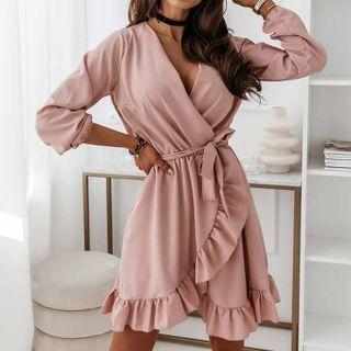 Plain Long-sleeve V-neck Ruffle-trim Mini Dress