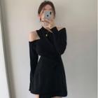 Long-sleeve Cold-shoulder Knit Top / Asymmetrical Min A-line Skirt