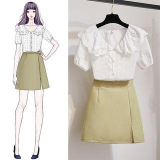 Short-sleeve Eyelet Lace Blouse / A-line Split Skirt / Set