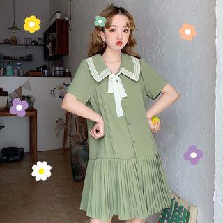 Short-sleeve Tie-neck Accordion Pleated Shirtdress
