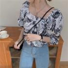 Square-neck Leaf-print Puff Sleeve Blouse White - One Size