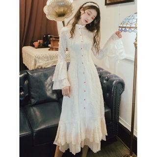 Bell-sleeve Layered Midi A-line Dress