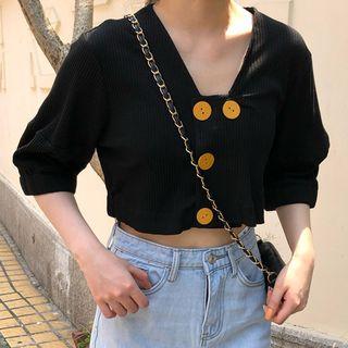 Buttoned Elbow-sleeve Crop Top