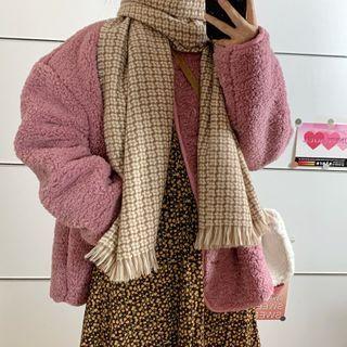 Plain Fleece Jacket / Floral Midi A-line Dress