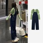 Short-sleeve Knit Top With Arm Sleeves / Denim Dungarees