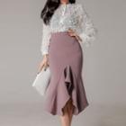 Set: Lace Button-up Blouse + Midi Mermaid Skirt