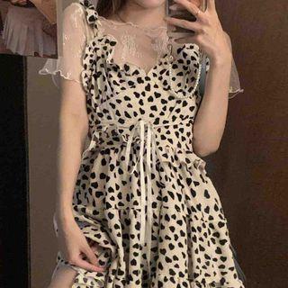 Ruffle Strap Heart Print A-line Dress / Short-sleeve Lace Top