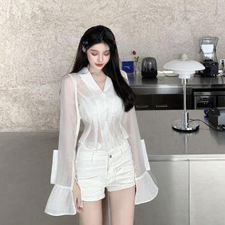 Plain Long-sleeve Cropped Blouse White - One Size
