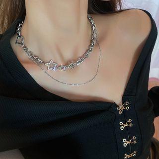 Star Rhinestone Layered Choker Silver - One Size