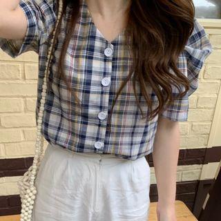 Plaid Puff-sleeve V-neck Blouse As Shown In Figure - One Size