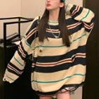 Distressed Striped Sweater Light Yellow & Black & Red - One Size