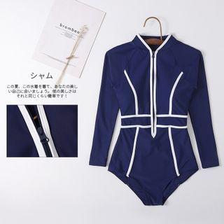Long-sleeve Half-zip Contrast Trim Swimsuit