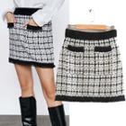 Contrast Trim Plaid Tweed Mini Pencil Skirt