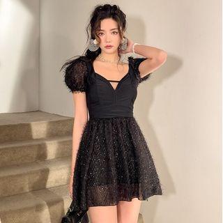 Short Sleeve Feather Open Back Swimdress