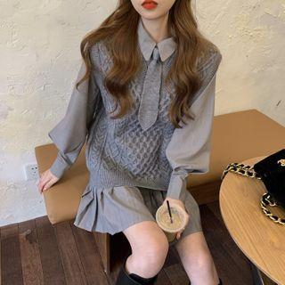 Long-sleeve Plain Shirt / Cable Knit Sweater Vest