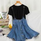 Set: Short-sleeve T-shirt + Denim Suspender Skirt