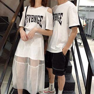 Couple Matching Set: Lettering Short Sleeve T-shirt Dress + Mesh Skirt / Short Sleeve T-shirt