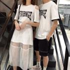 Couple Matching Set: Lettering Short Sleeve T-shirt Dress + Mesh Skirt / Short Sleeve T-shirt