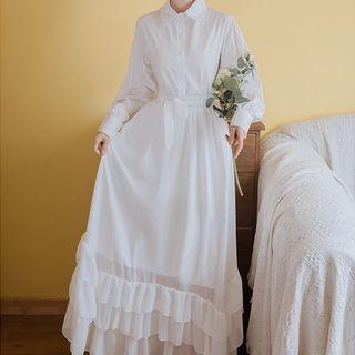 Set: Plain Blouse + Ruffle Hem Midi A-line Skirt