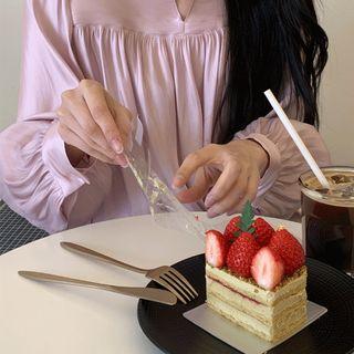 Bishop-sleeve Shirred Satin Blouse Pink - One Size