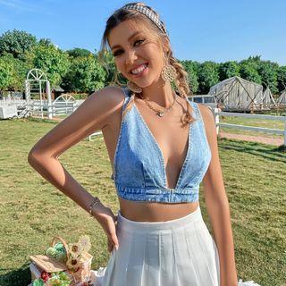 V-neck Denim Crop Camisole Top