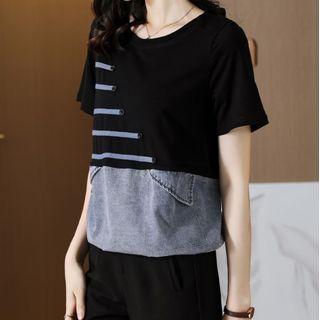 Mock Two-piece Short-sleeve Denim Panel T-shirt