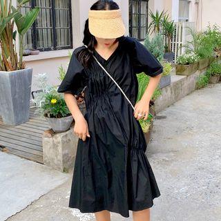 Elbow-sleeve V-neck Shirred Midi Dress