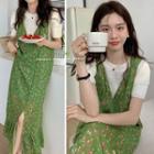 Short-sleeve Crew Neck Knit Top / Floral Midi Overall Dress