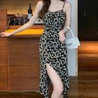 Spaghetti Strap Flower Print Side-slit Sheath Dress