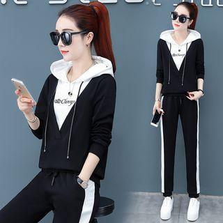 Set: Mock Two-piece Embroidered Hoodie + Striped Drawstring Cropped Harem Pants