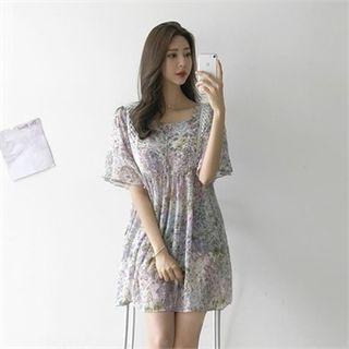 Lace-trim Floral Chiffon Mini Dress