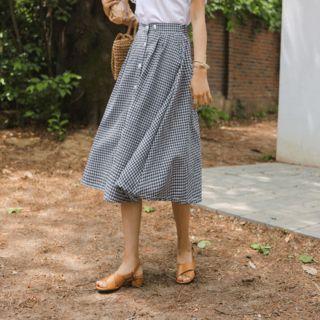 Buttoned Gingham Midi Flare Skirt