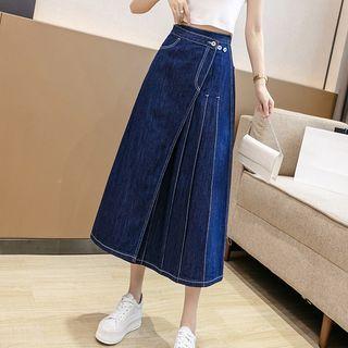 High-waist Asymmetric Denim Pleated Skirt