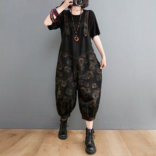 Flower Print Cropped Harem Denim Jumper Pants
