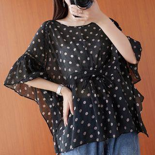 Elbow-sleeve Dot Mesh Blouse Black - One Size